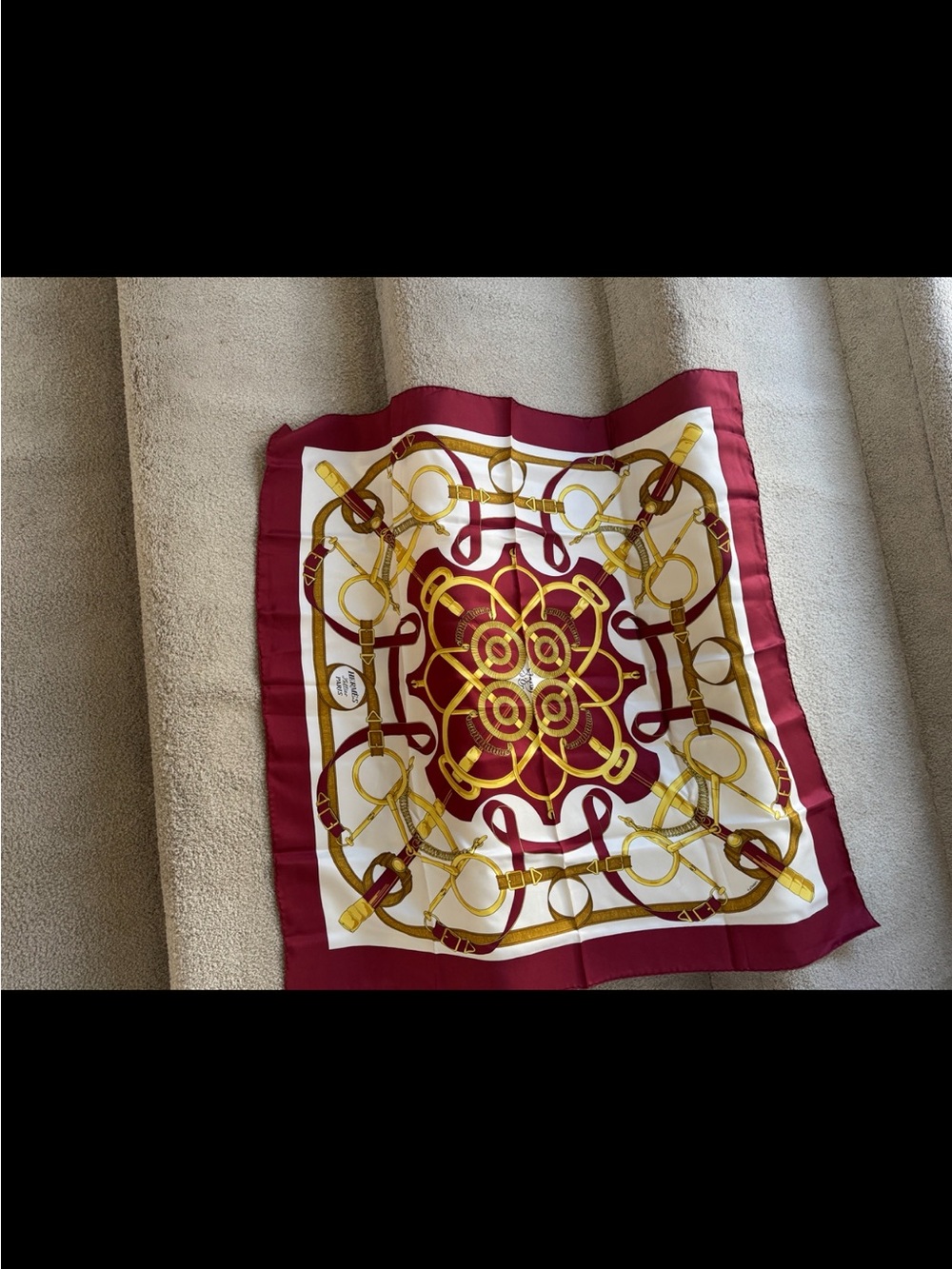 Hermes Burgundy, White & Gold Silk Scarf